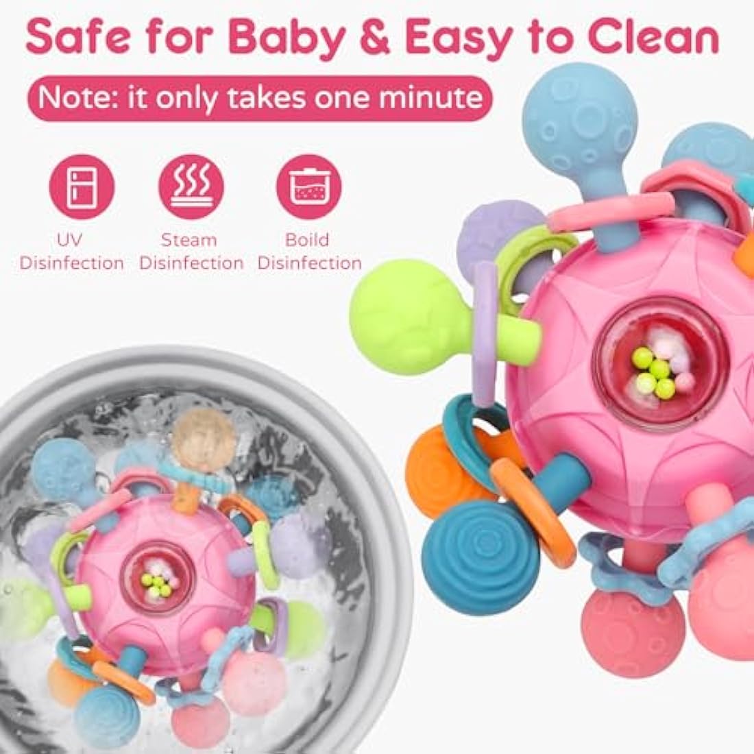 Baby Sensory Rattle & Teether Toy – Montessori Silicone Pink