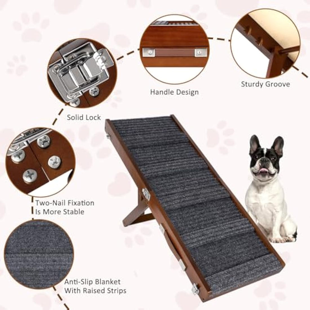 Umtiti Adjustable Wooden Pet Ramp – Foldable Non-Slip Dog Ramp for Beds