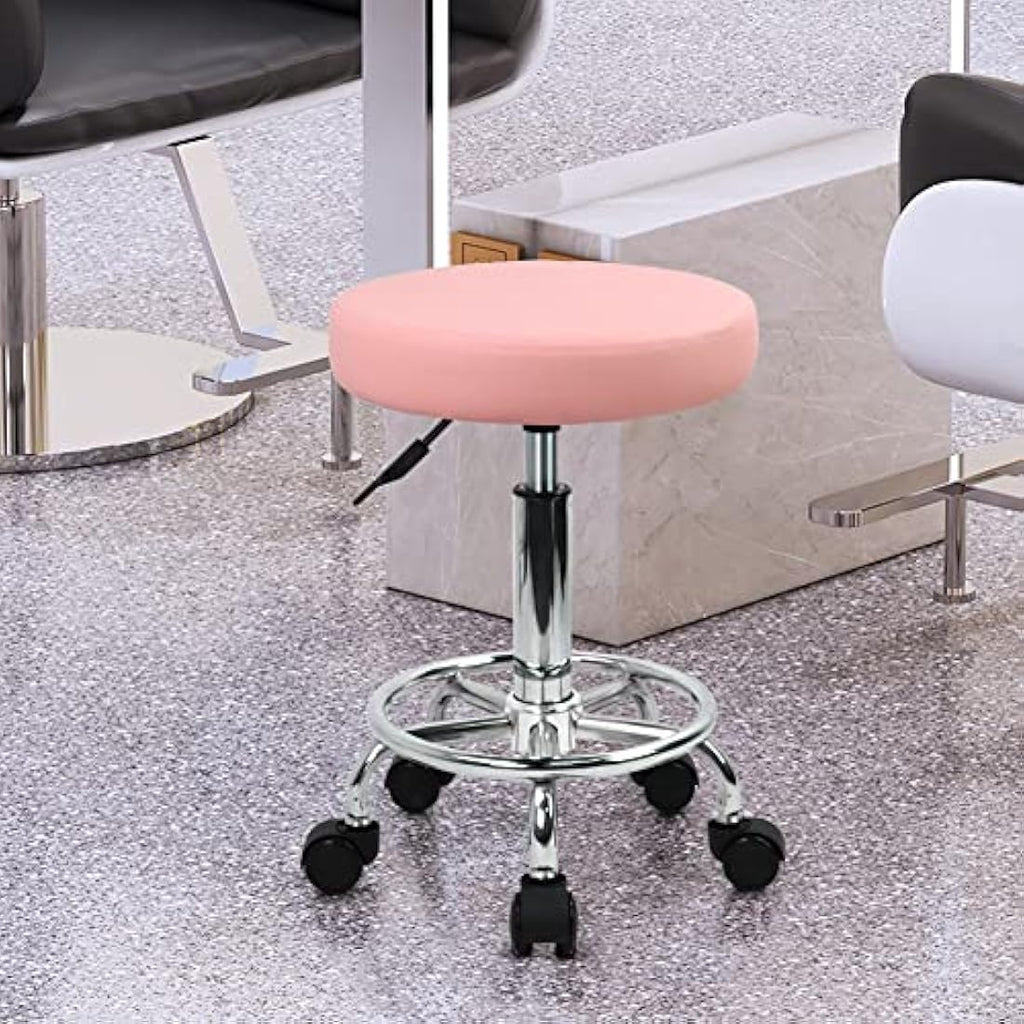 KKTONER Pink PU Leather Rolling Stool – Adjustable Swivel Salon Chair