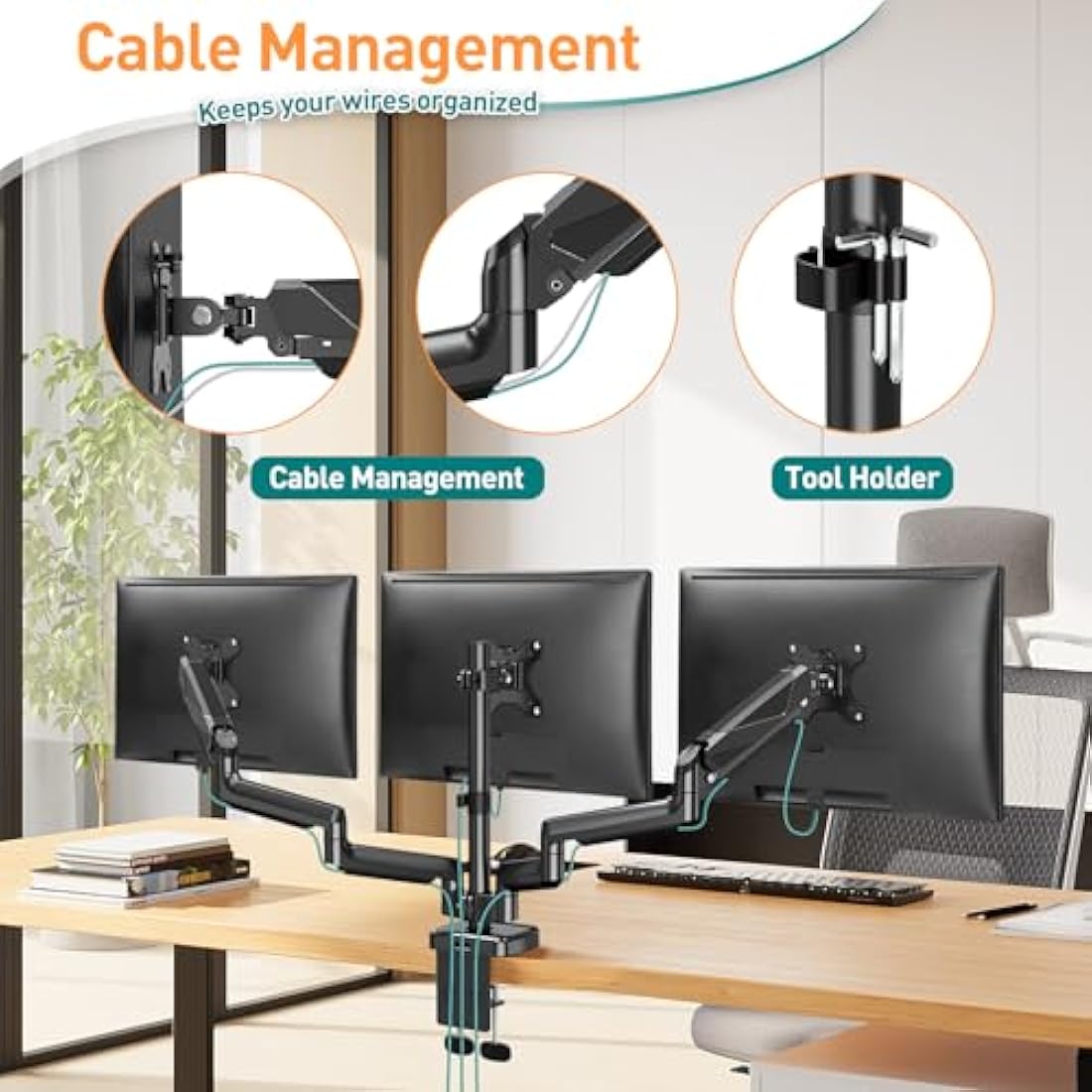 ELIVED Triple Monitor Arm – Gas Spring Desk Mount for 13-27 Inch Screens