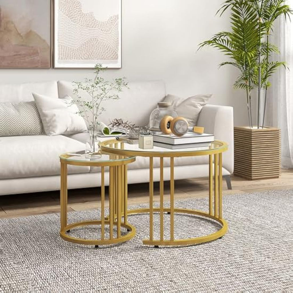 HOMCOM Nest of Tables – Round Glass Coffee Tables Set of 2, Gold