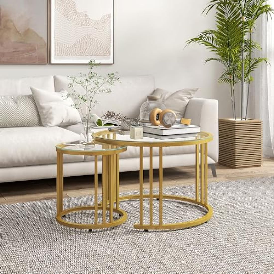 HOMCOM Nest of Tables – Round Glass Coffee Tables Set of 2, Gold