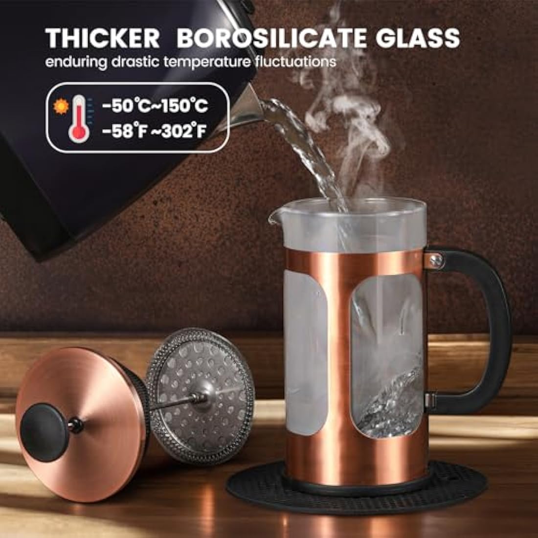 KOOYAT French Press Coffee Maker | 1000ml Copper & Borosilicate Glass