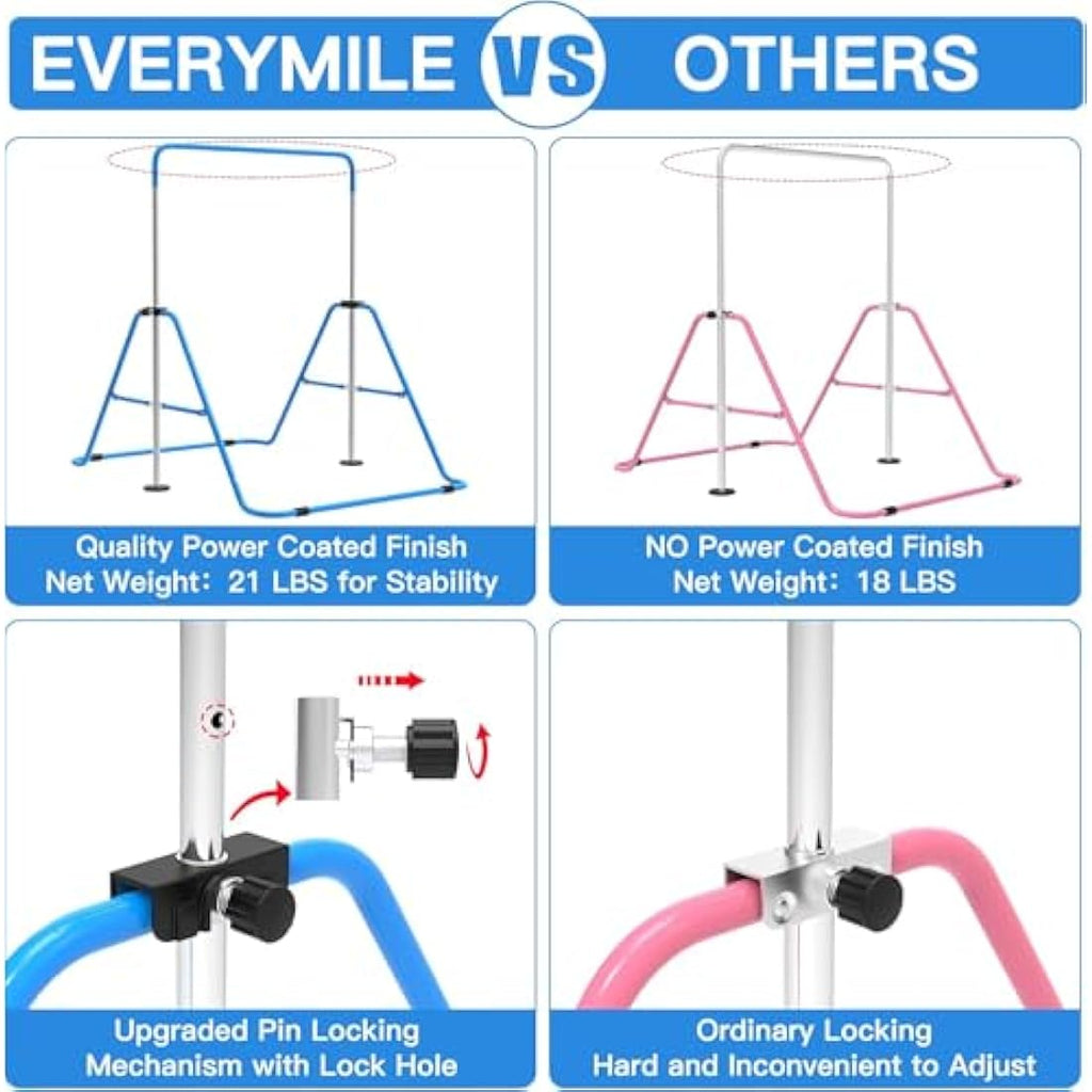 EVERYMILE Gymnastics Bar – Adjustable Folding Kip Bar with Rings for Kids