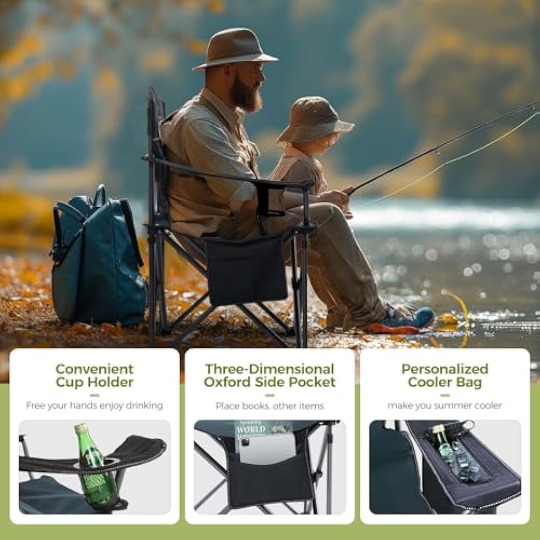 ALPHA CAMP Heavy Duty Folding Camping Chair with Cooler Bag – Green