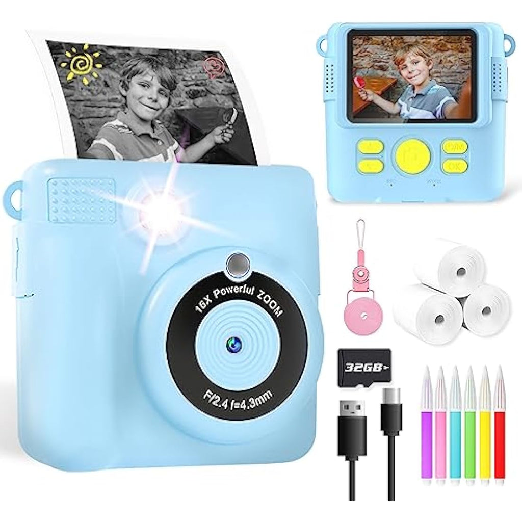 YORKOO Kids Instant Print Camera – 1080P Digital Video Toy with 32GB SD Card