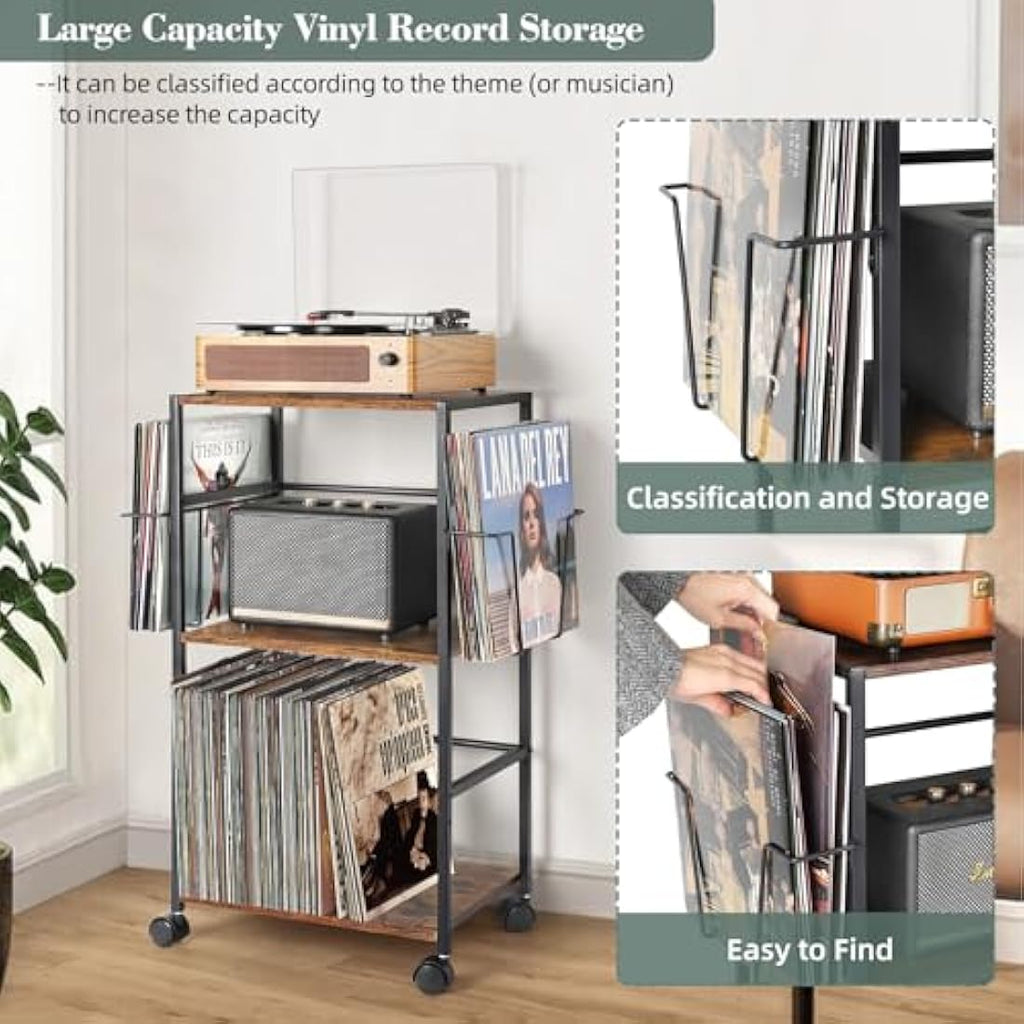 Bikoney Vinyl Record Storage – Rolling Turntable Stand with 3-Tier Shelves