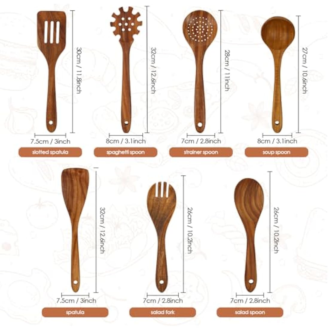 Teak Wooden Spoons – 7-Piece Nonstick Kitchen Utensil Set