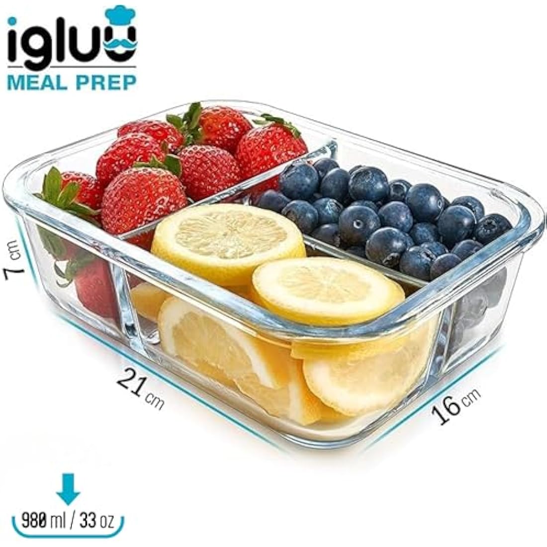 Igluu Glass Meal Prep Containers - 3 Pack 3 Compartment 980ml Oven Safe