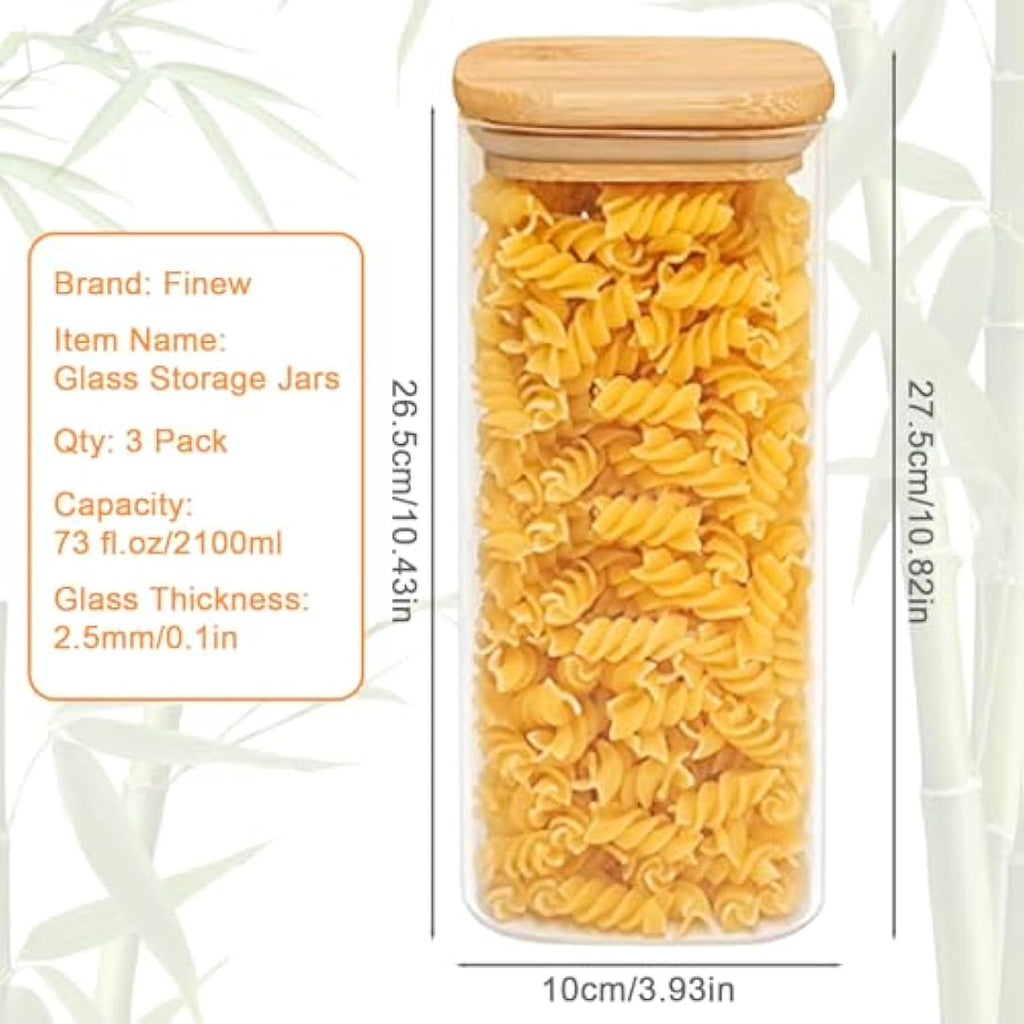 Jolof Store 2100ml Glass Storage Jars with Bamboo Lids - 3 Pack Square