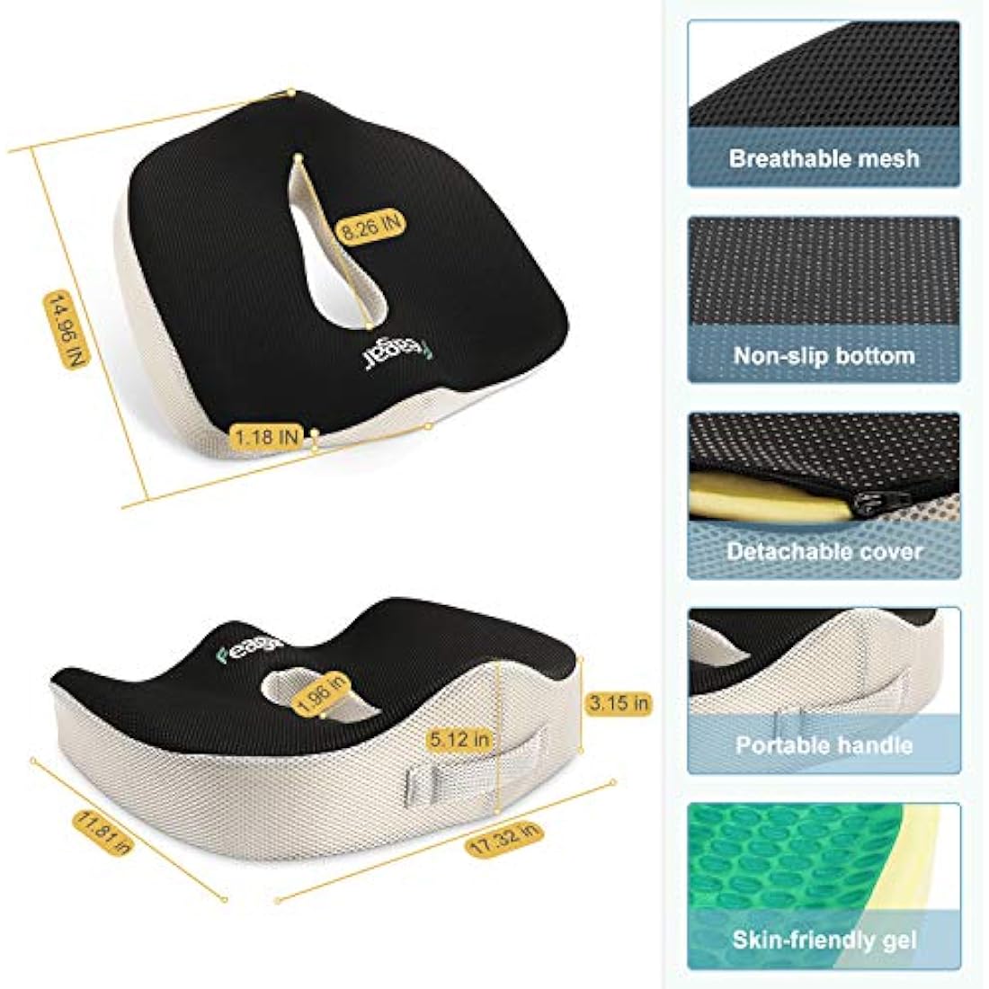 Feagar Orthopedic Gel Seat Cushion – Memory Foam for Tailbone & Sciatica