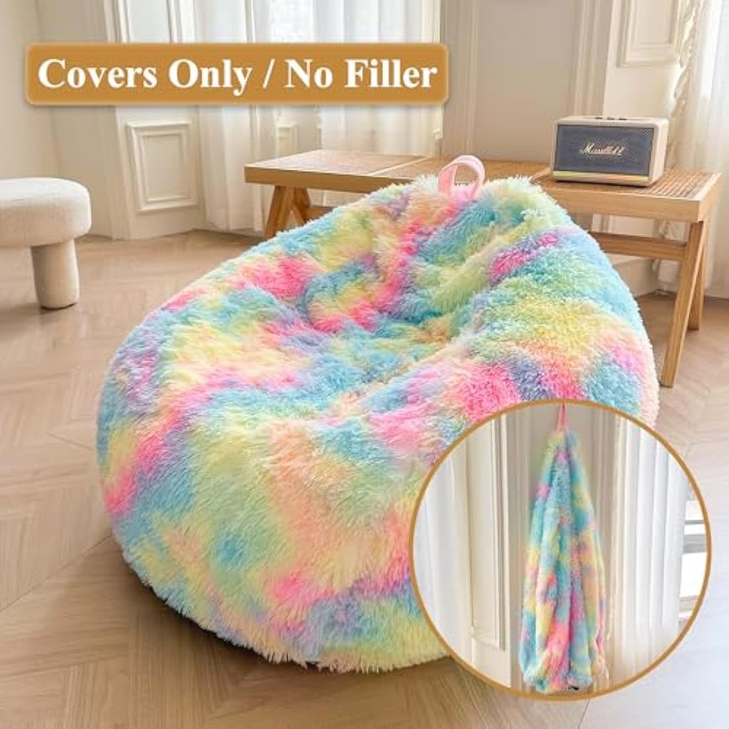 XeGe Faux Fur Bean Bag Cover – Rainbow Tie Dye Fluffy Chair for Storage