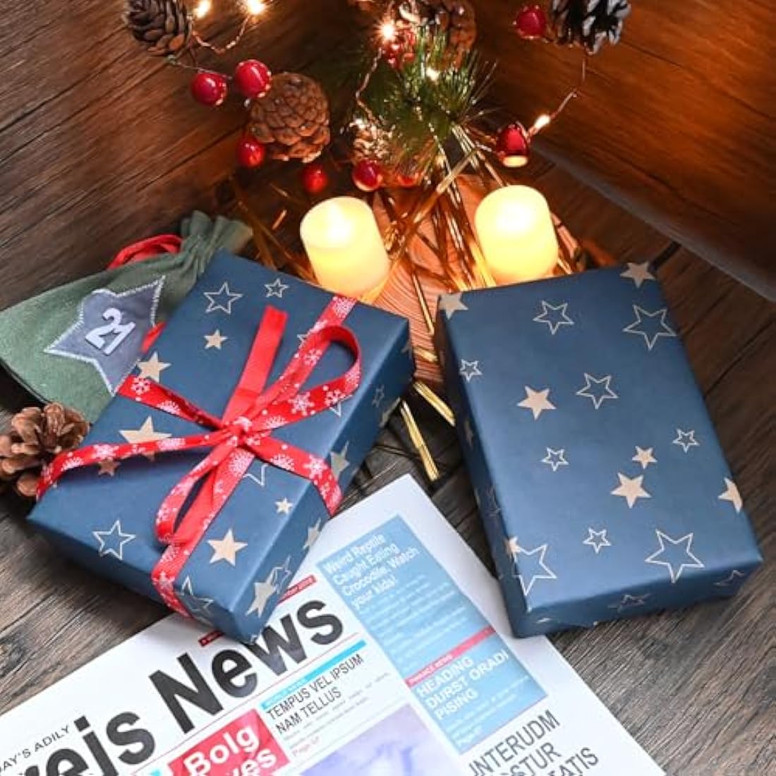 Blue Star Kraft Gift Wrapping Paper Roll – 43cm x 15m