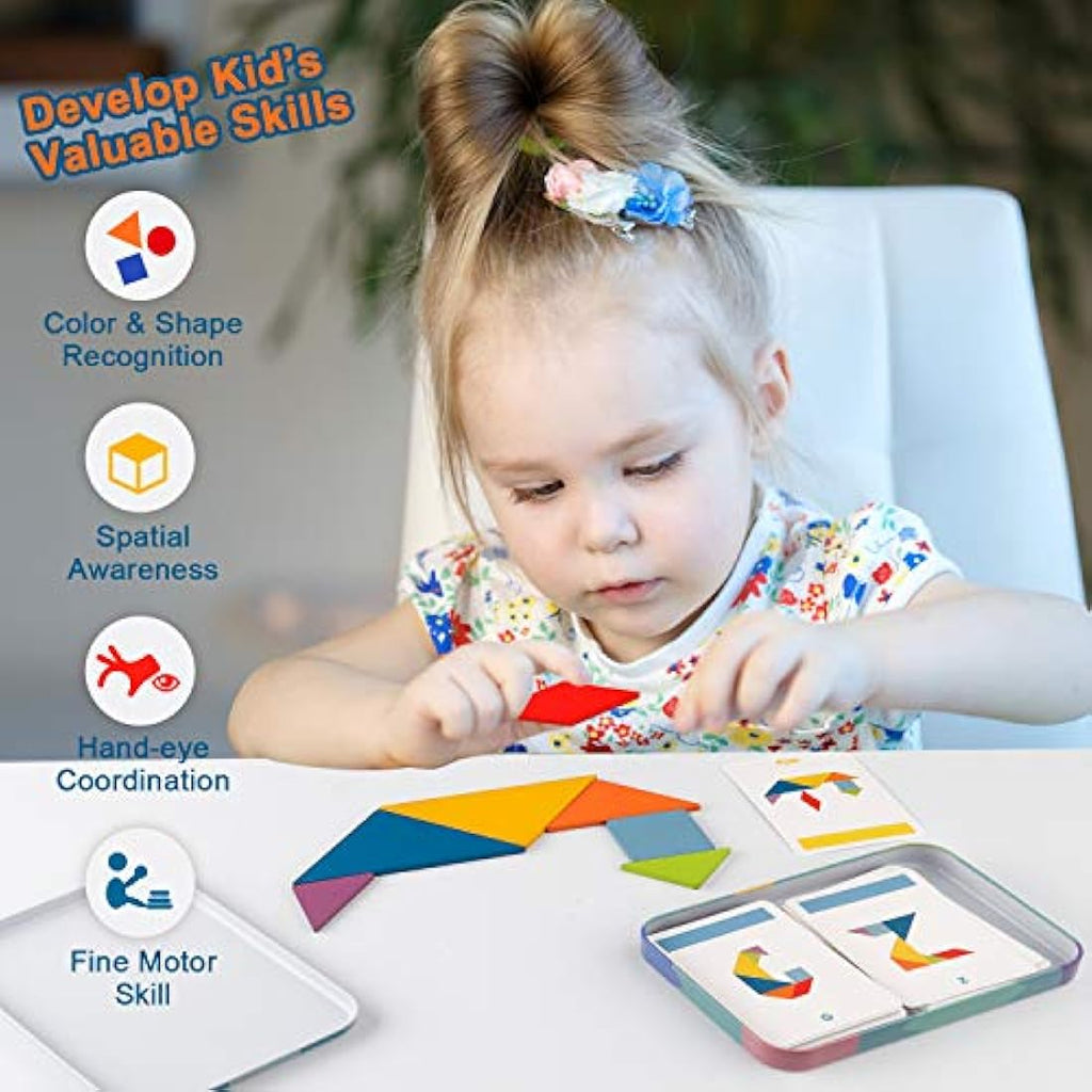 Vanmor Wooden Tangram Puzzles - 68 Pcs Montessori Pattern Blocks Set