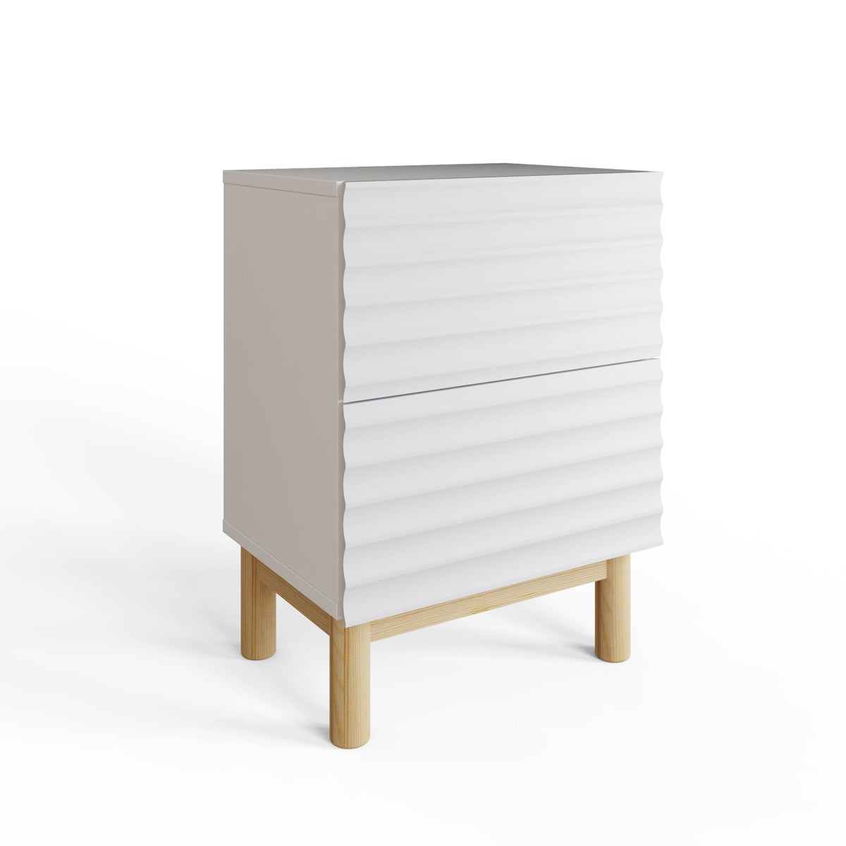 GFW Karla Bedside Table, White 2 Drawer Nightstand with Textured Front & Wooden Legs