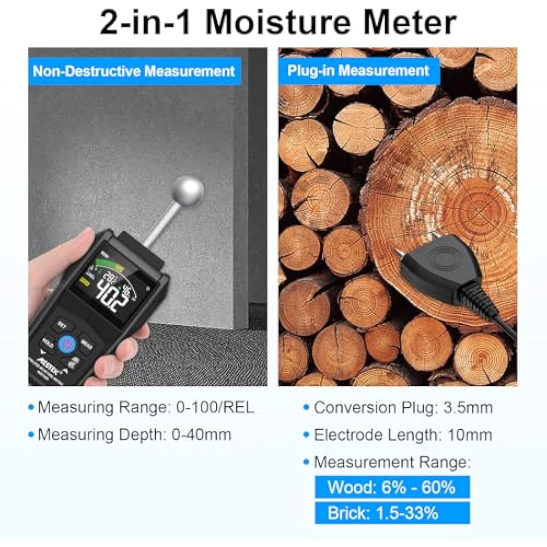 MESTEK 2-in-1 Moisture Meter | Pin & Pinless Damp Detector for Wood and Walls