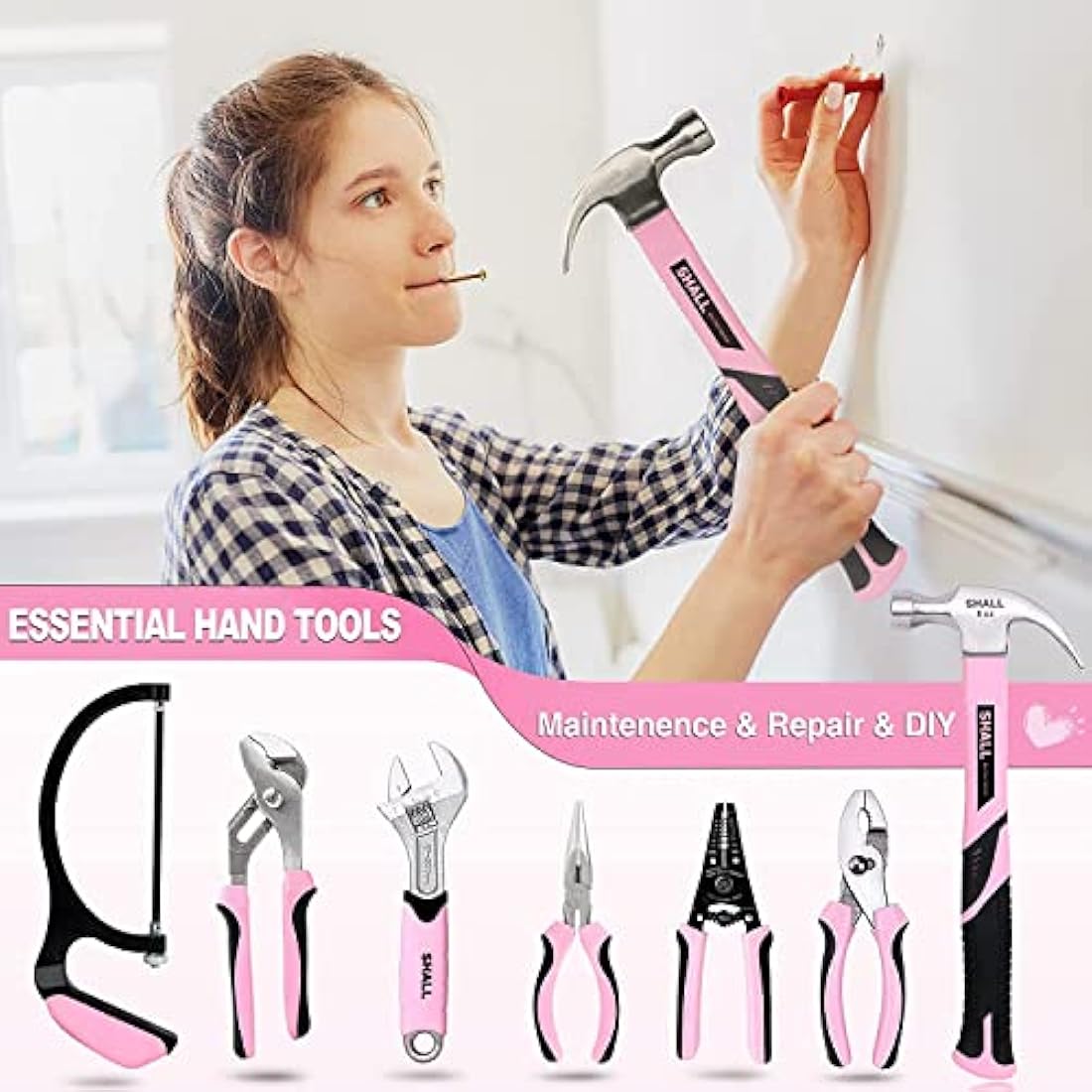 SHALL Pink Tool Set | 246-Piece Home Tool Kit for Women with 14" Bag