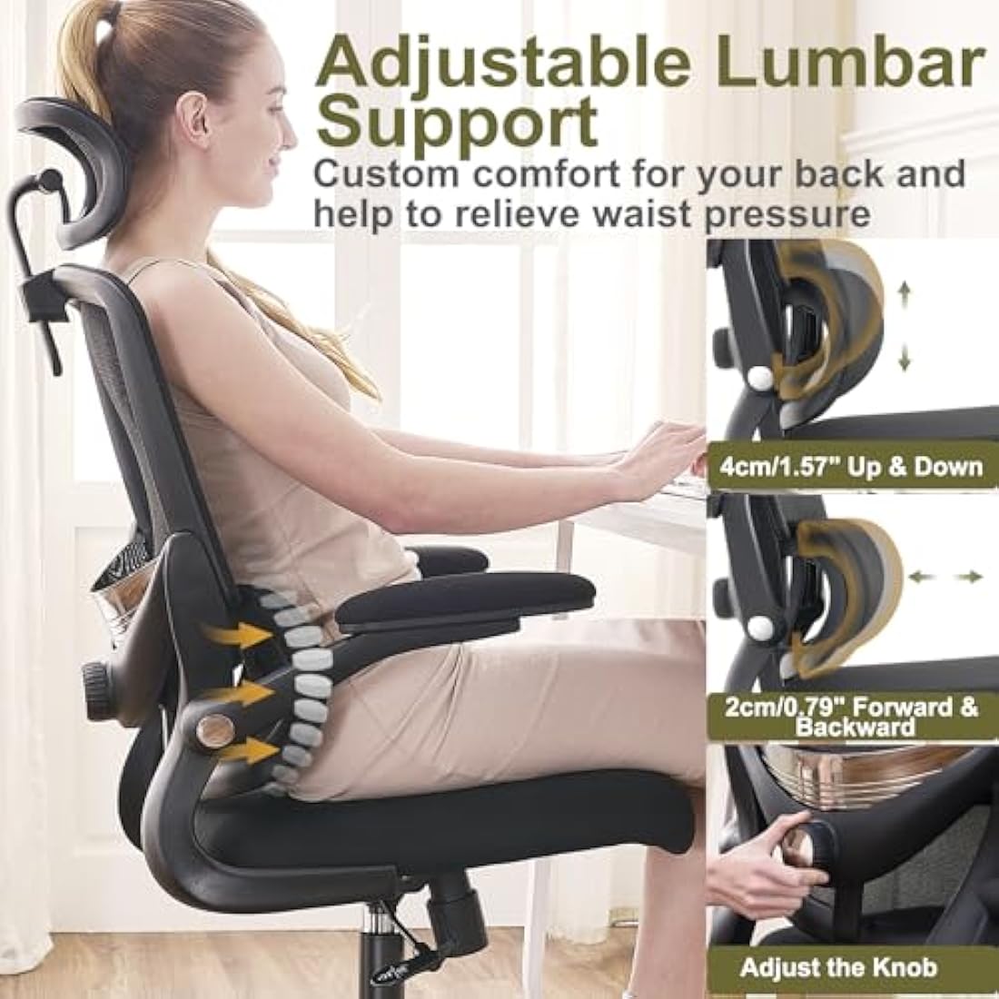 TONFARY Ergonomic Mesh Office Chair – Adjustable Lumbar & Flip-Up Arms