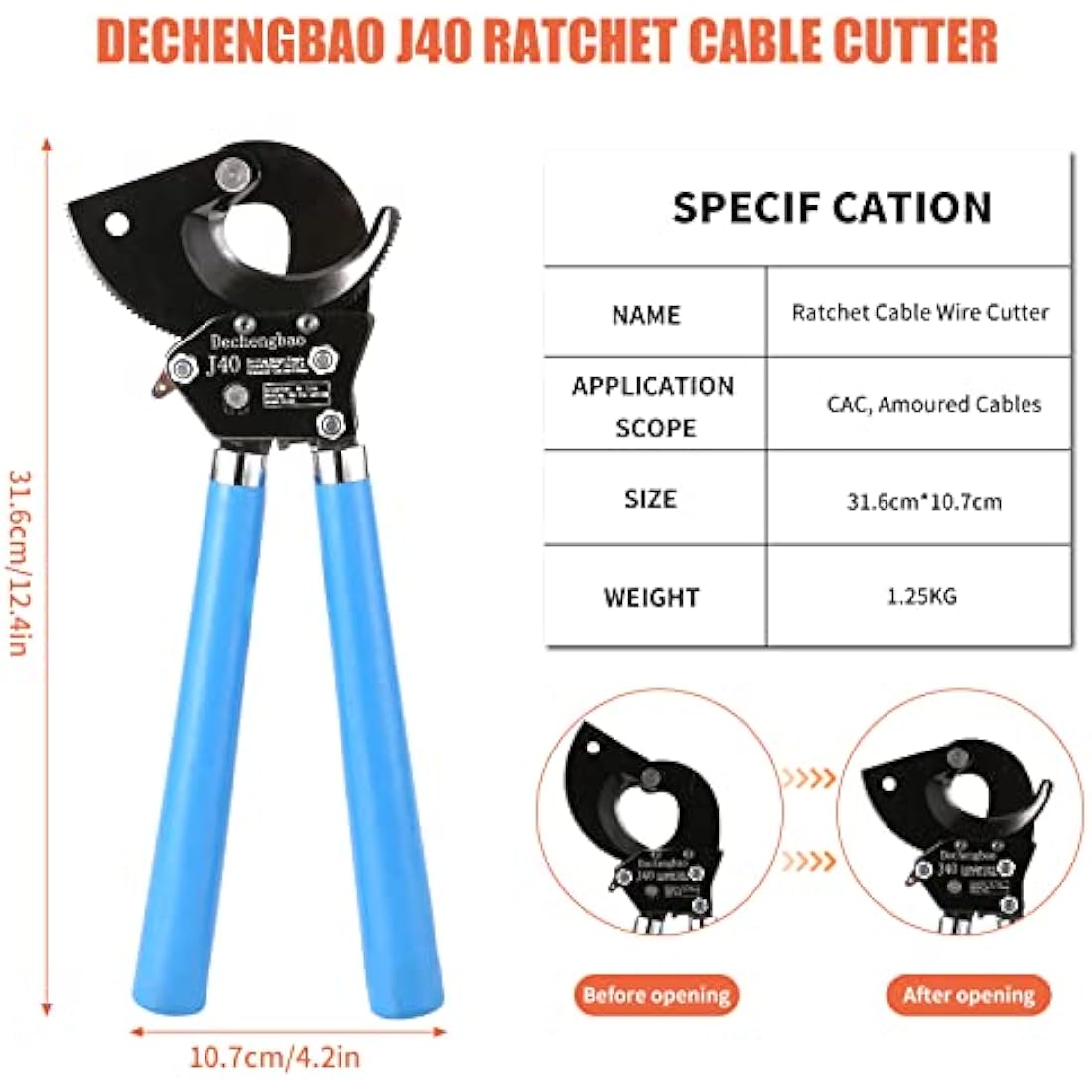 Dechengbao J40 Ratchet Cable Cutter – Heavy Duty 400mm² Copper Wire Tool