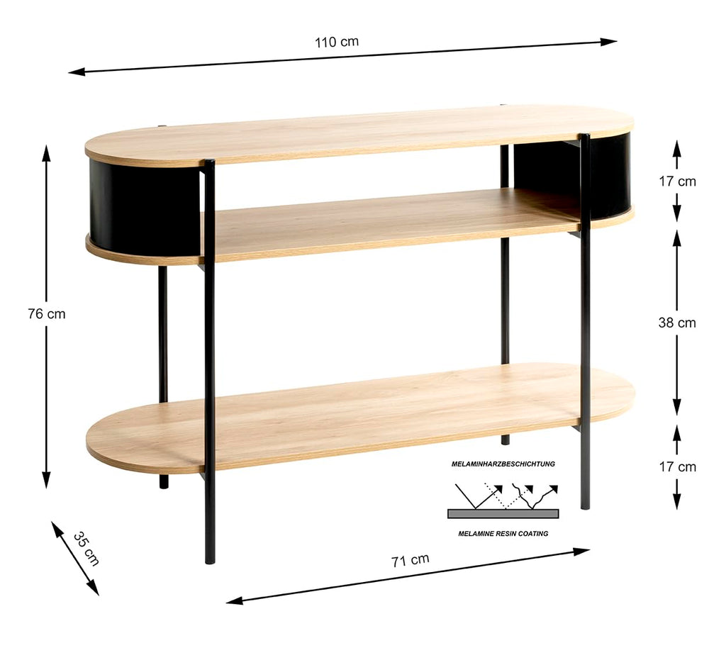 HAKU console, oak, black, metal, chipboard. Dimensions: W 110 x H 76 x D 39 cm. Style: Modern - image 2