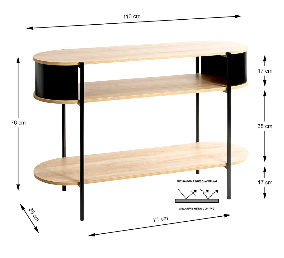 HAKU console, oak, black, metal, chipboard. Dimensions: W 110 x H 76 x D 39 cm. Style: Modern - image 2