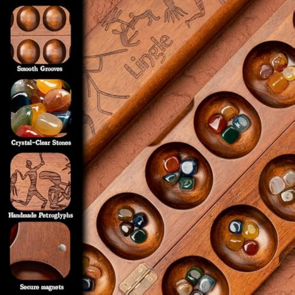 Jolof Store Wooden Mancala Set | Foldable Board with Natural Gemstones