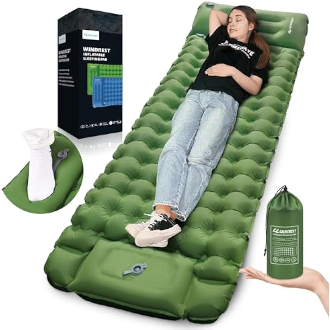 CALMCREST Inflatable Sleeping Pad – 4in Thick Camping Mat with Pillow
