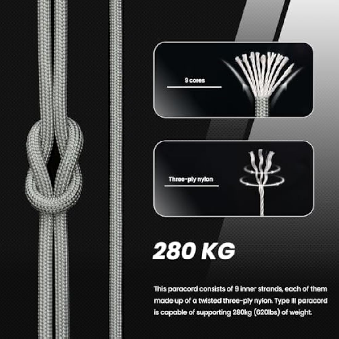 Abma Cord 4mm Type III Nylon Paracord – 9 Strands, 100m Rope (Grey)