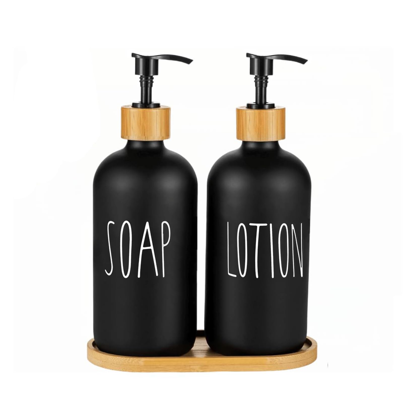 Jolof Store Glass Soap Dispenser Set with Bamboo Pump & Tray – 16oz Black