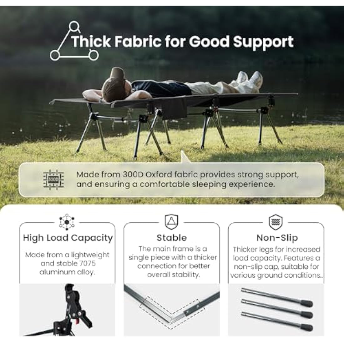 OneTigris SUPRANUBIS Camping Cot – Height Adjustable Folding Bed, Black