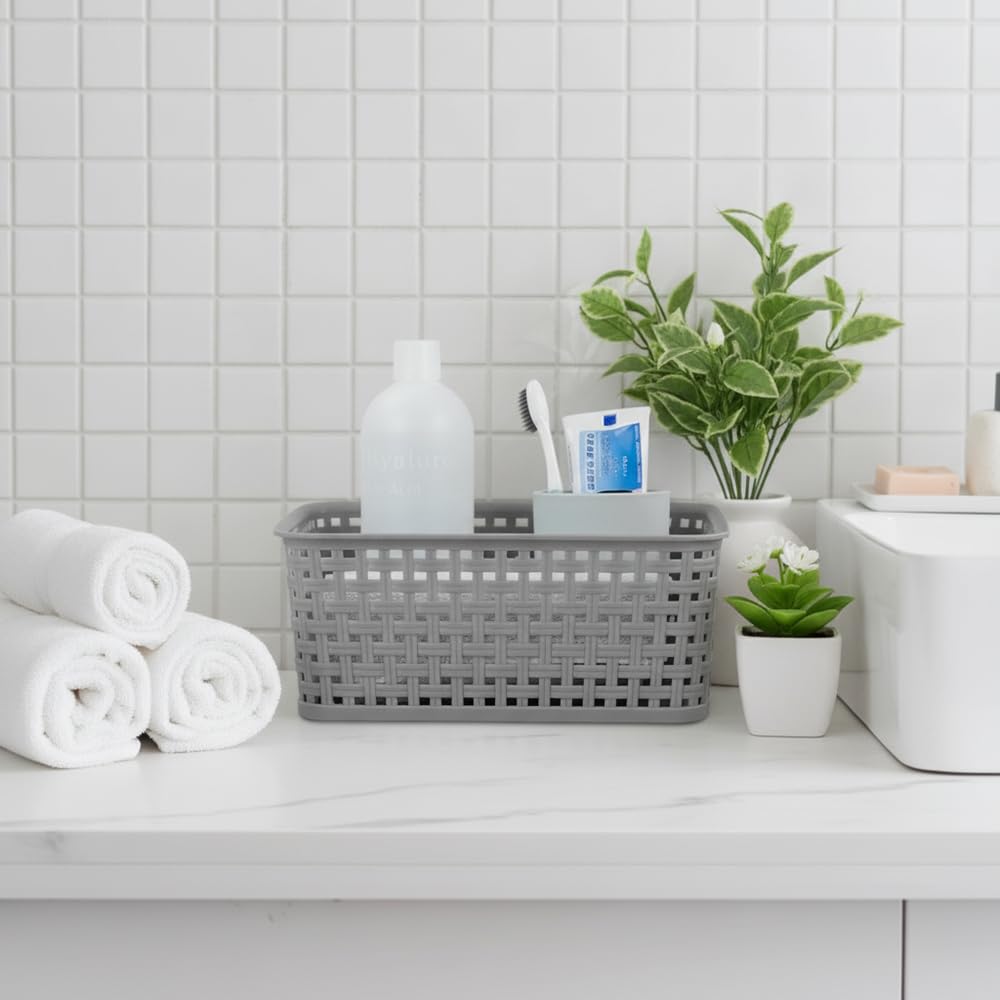 Mayish Plastic Weave Basket with Handle, Black and Grey, 6 Packs - image 5