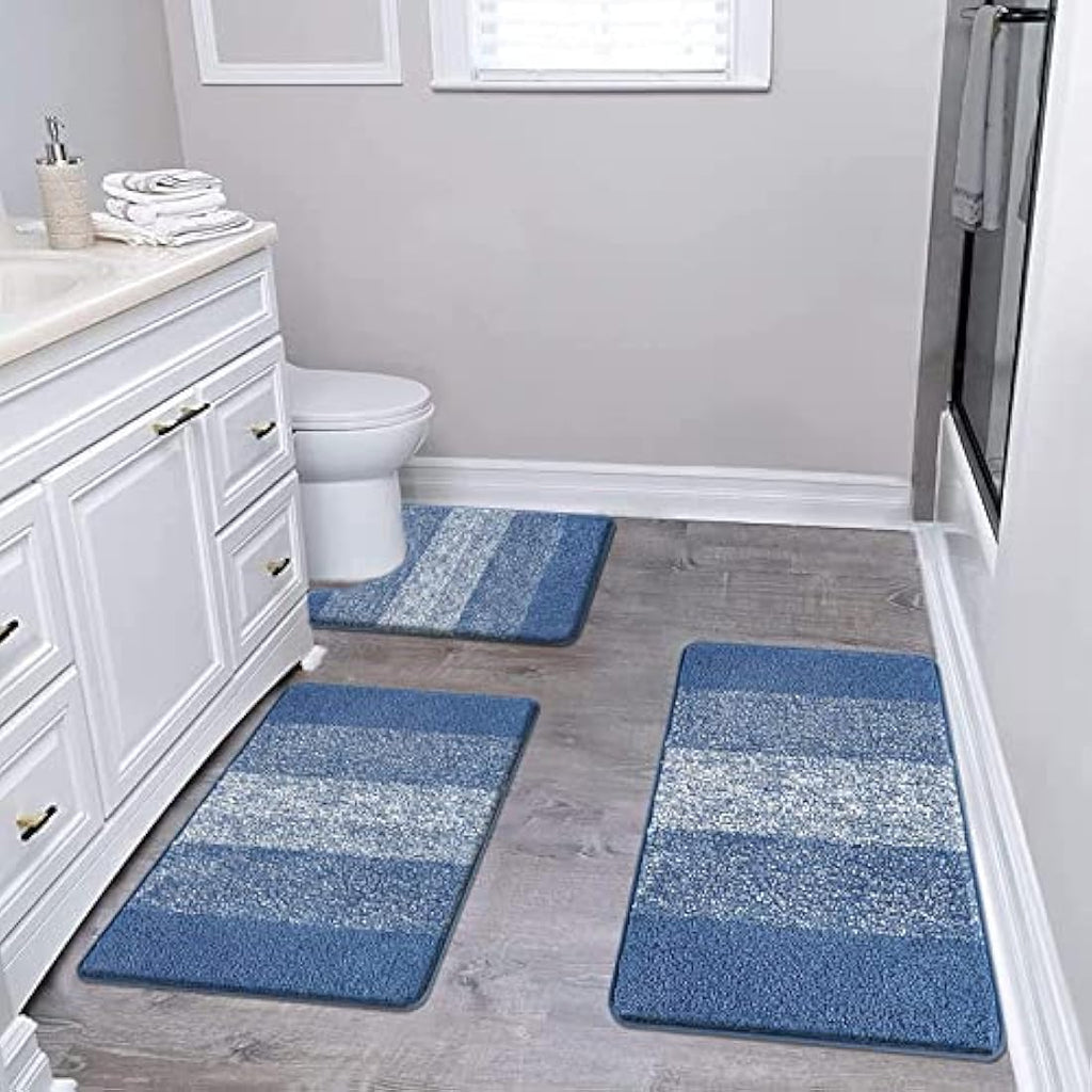Enyhom 3-Piece Microfiber Bath Mat Set | Non-Slip Absorbent Rugs, Blue