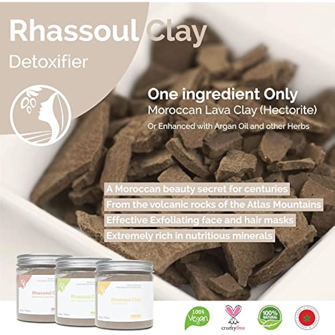 Fatima's Garden Rhassoul Clay with Rose Petals – Face & Hair Mask, 150g