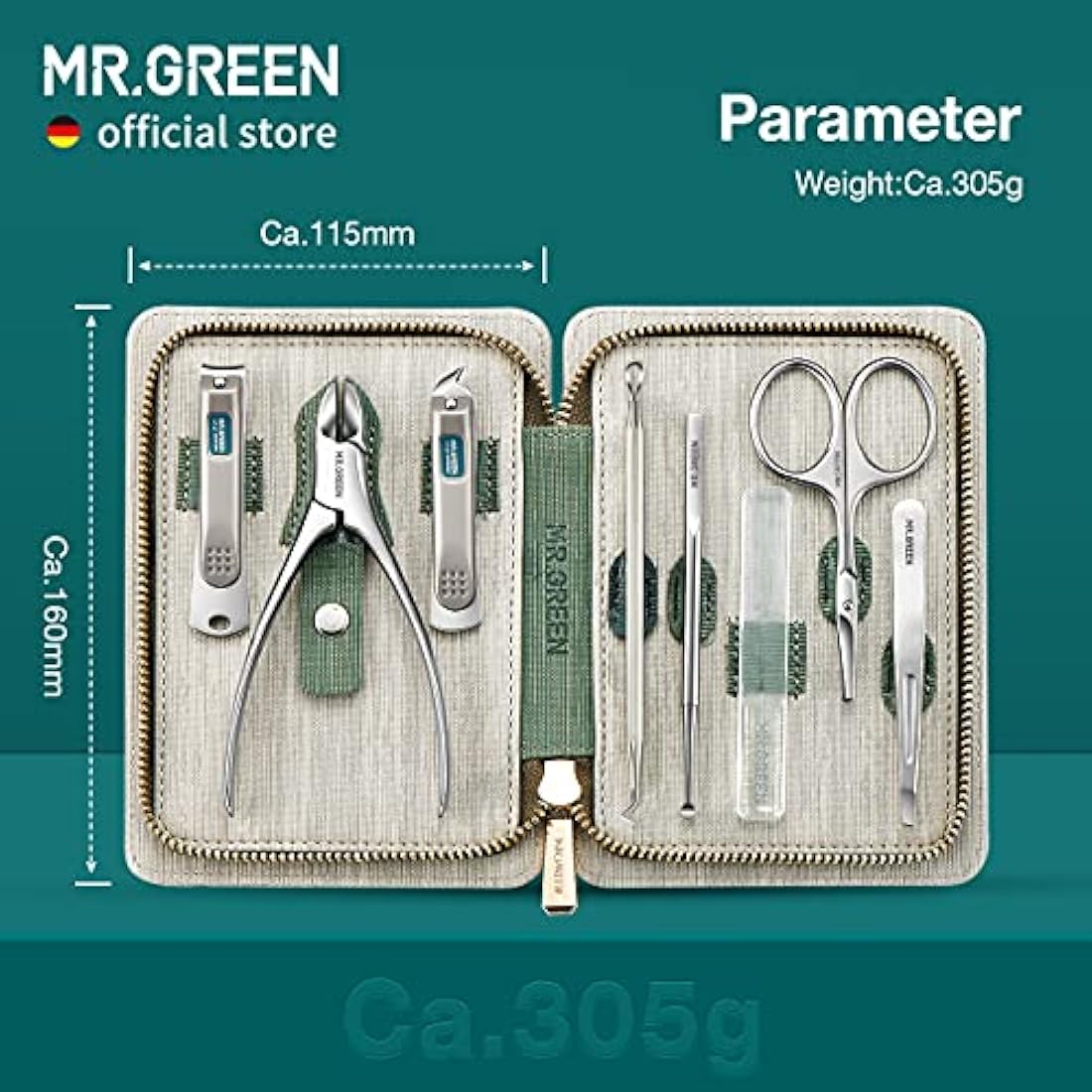 MR.GREEN 8-in-1 Manicure Set - Stainless Steel Nail Clipper Kit (Green)