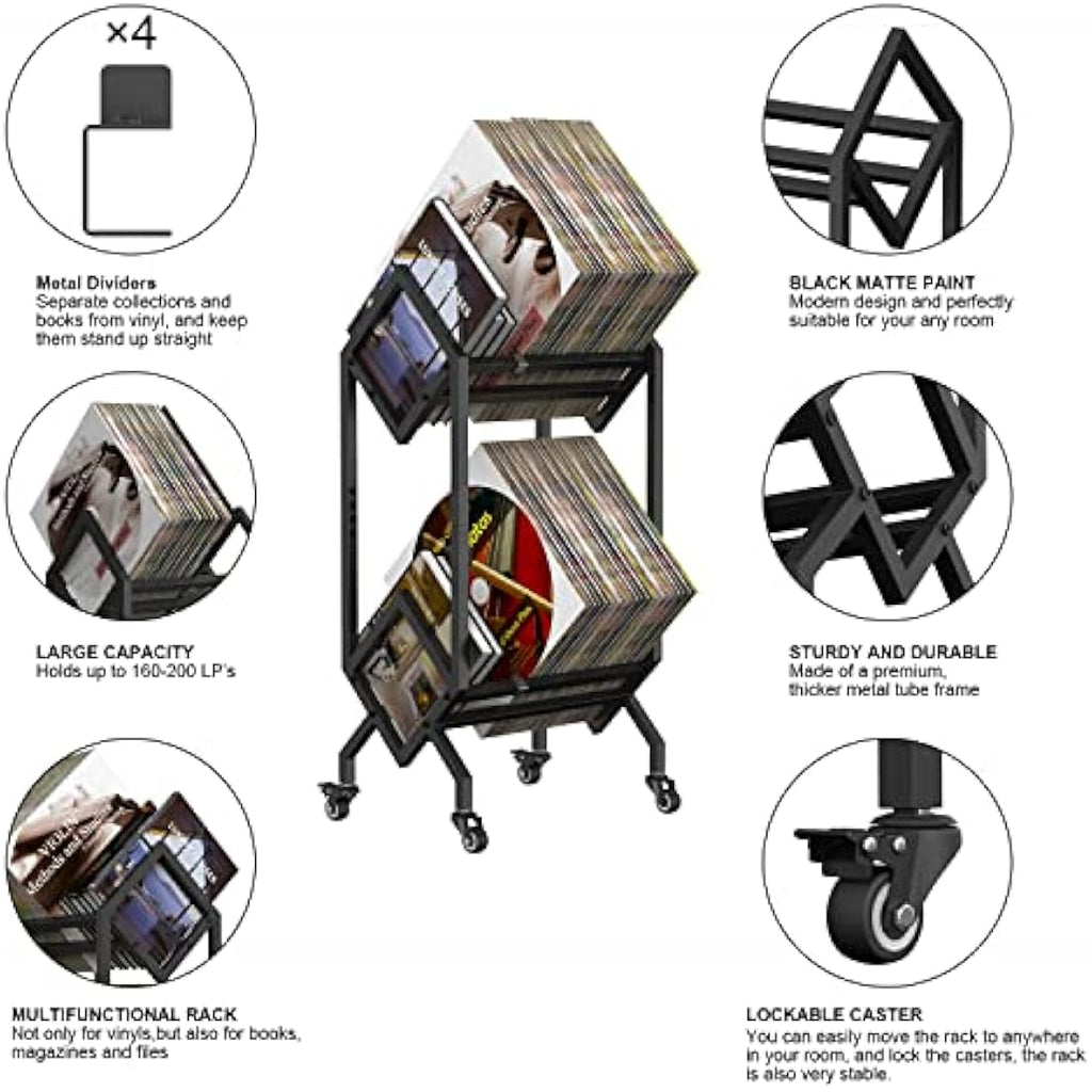 Vinyl Record Storage Rack – Mobile Metal LP Display Stand