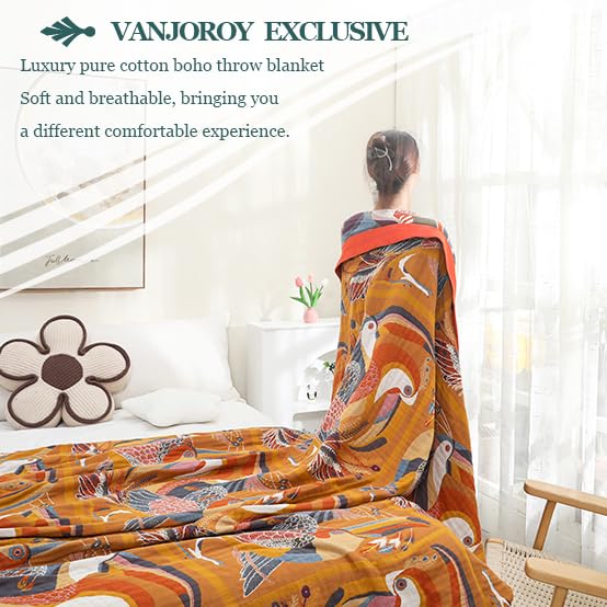 VANJOROY Organic Cotton Bohemian Throw Blanket – Soft Floral Bedspread