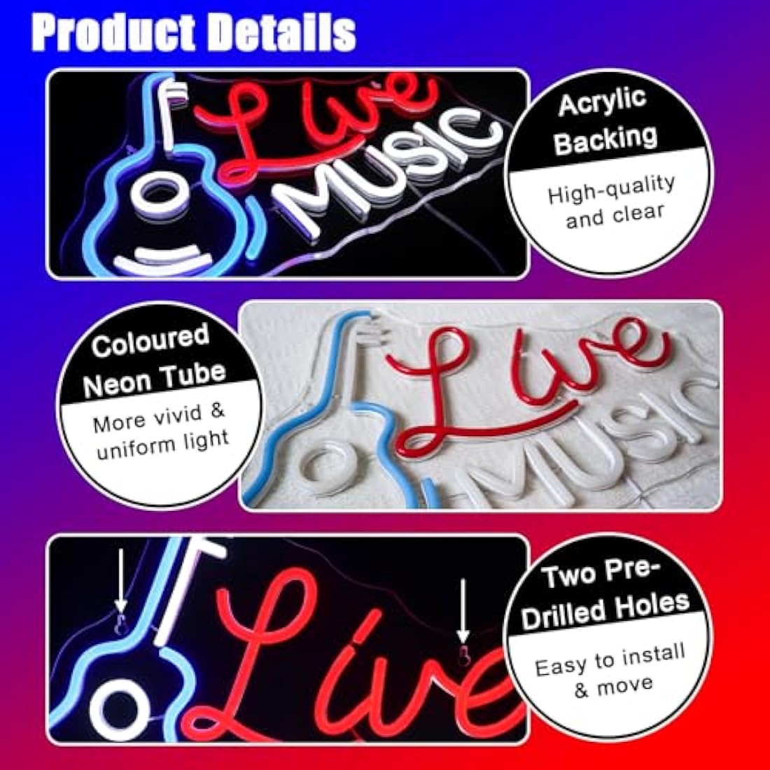Live Music Guitar Neon Sign - Dimmable LED Wall Decor
