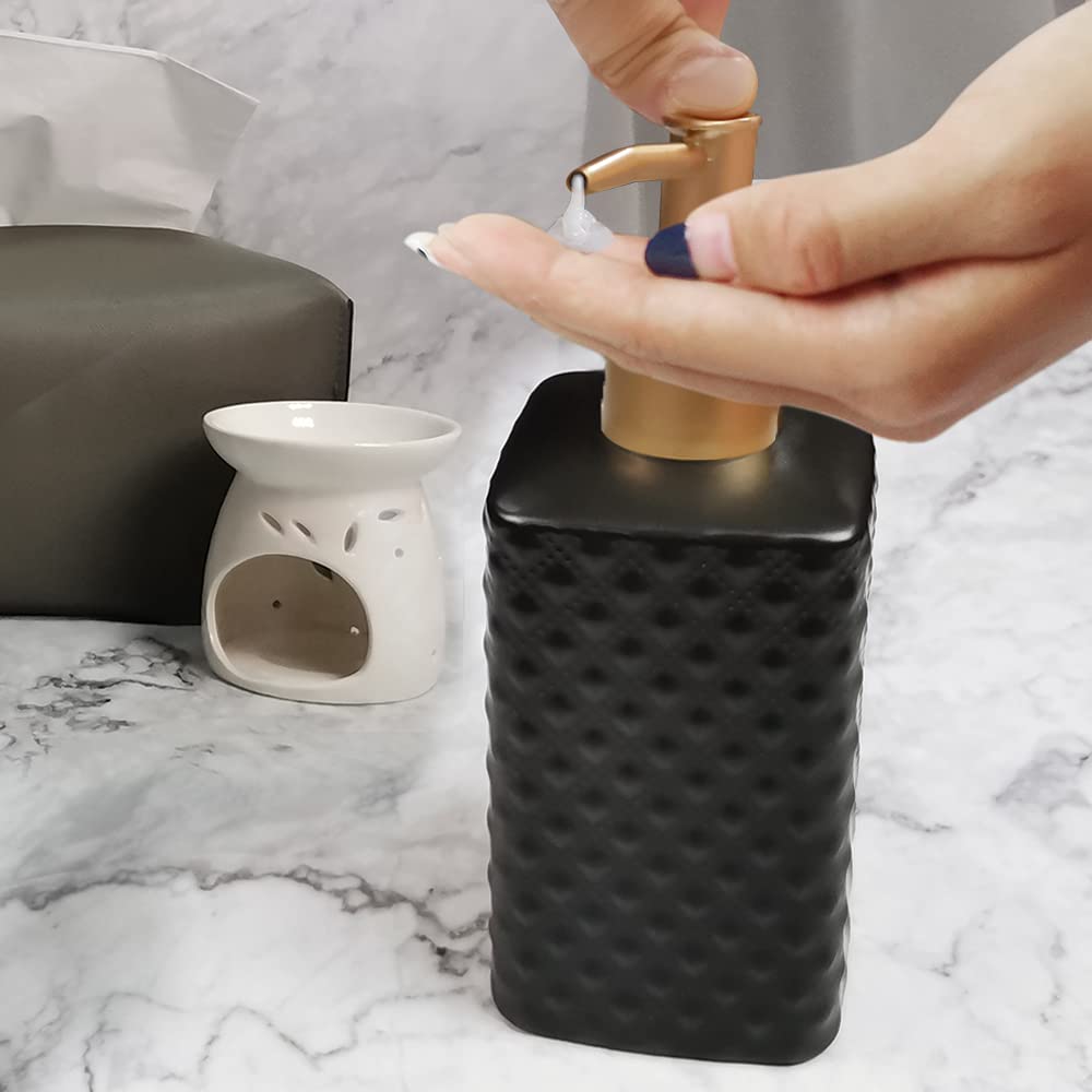 Gold Soap Dispenser, Ceramic Lotion Pump Bottle with Vintage EmbossBlack