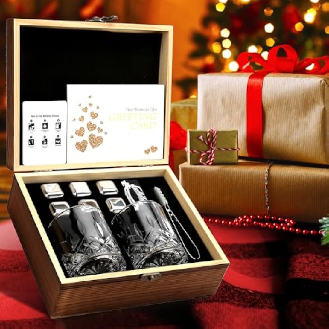 Whiskey Stones and Glass Gift Set – Granite Rocks & Wooden Box