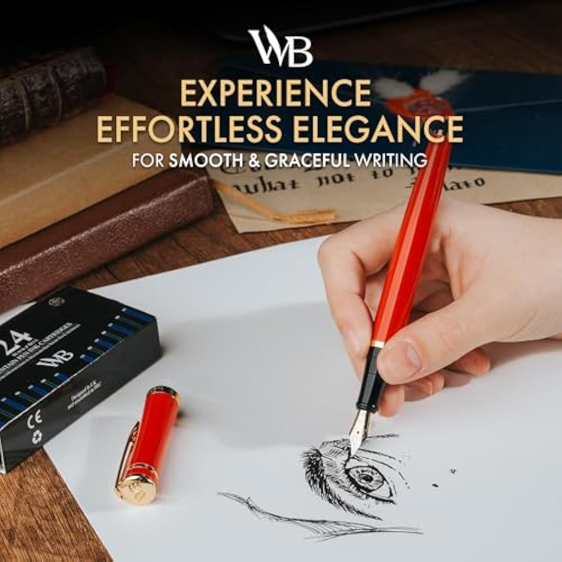 Wordsworth & Black Fountain Pen Set – Crimson Red with 24 Ink Refills
