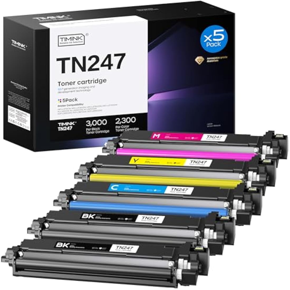 Timink TN247 TN-243 Compatible Toner Cartridges for Brother - 5-Pack CMYK