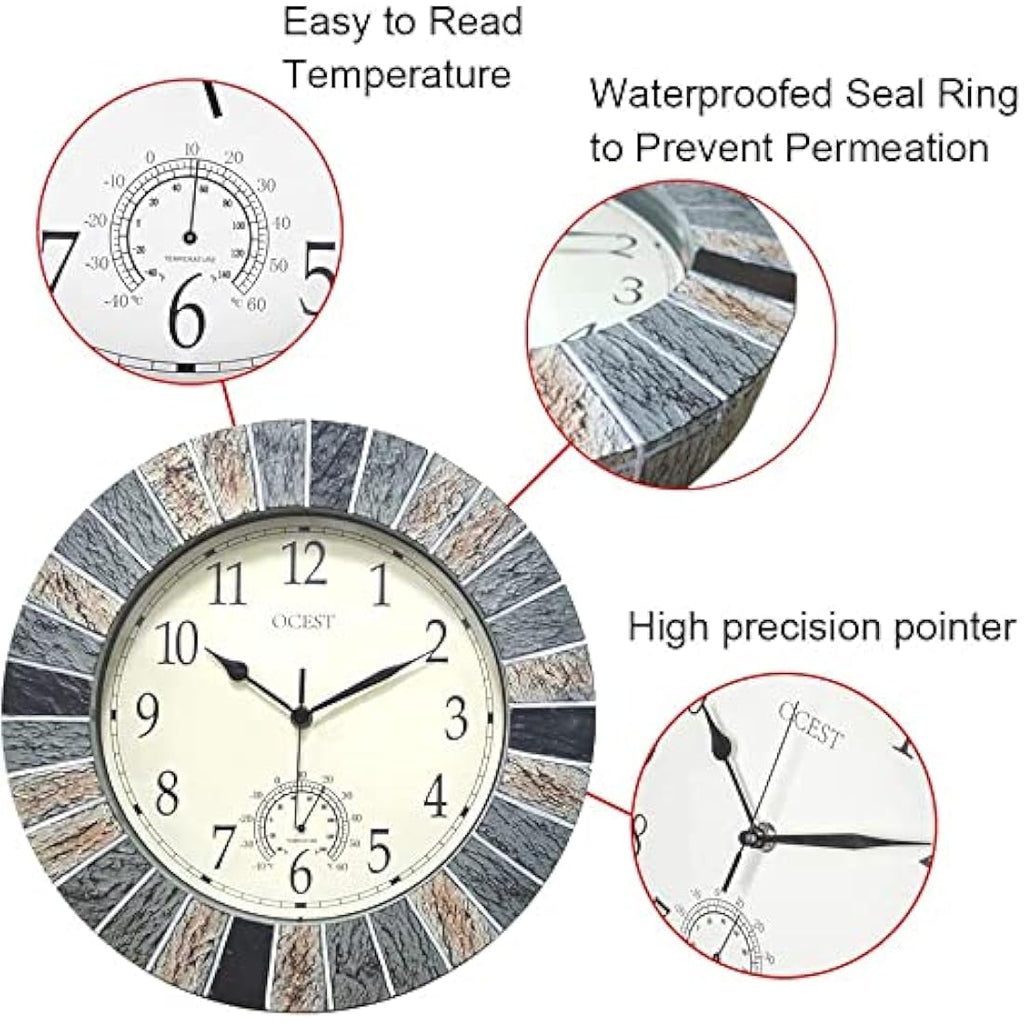 OCEST 13 Inch Outdoor Waterproof Wall Clock with Thermometer | Retro Style