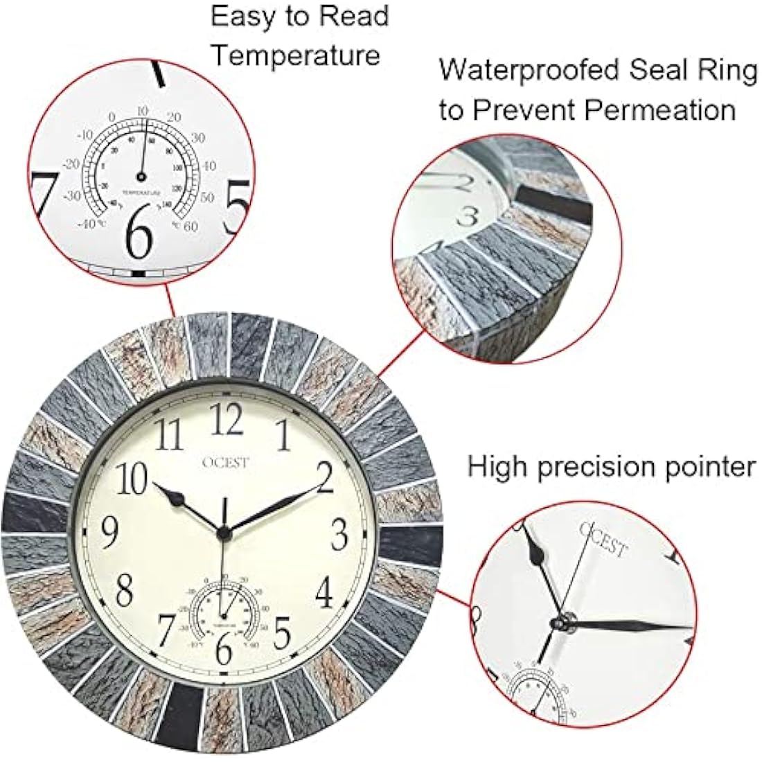 OCEST 13 Inch Outdoor Waterproof Wall Clock with Thermometer | Retro Style