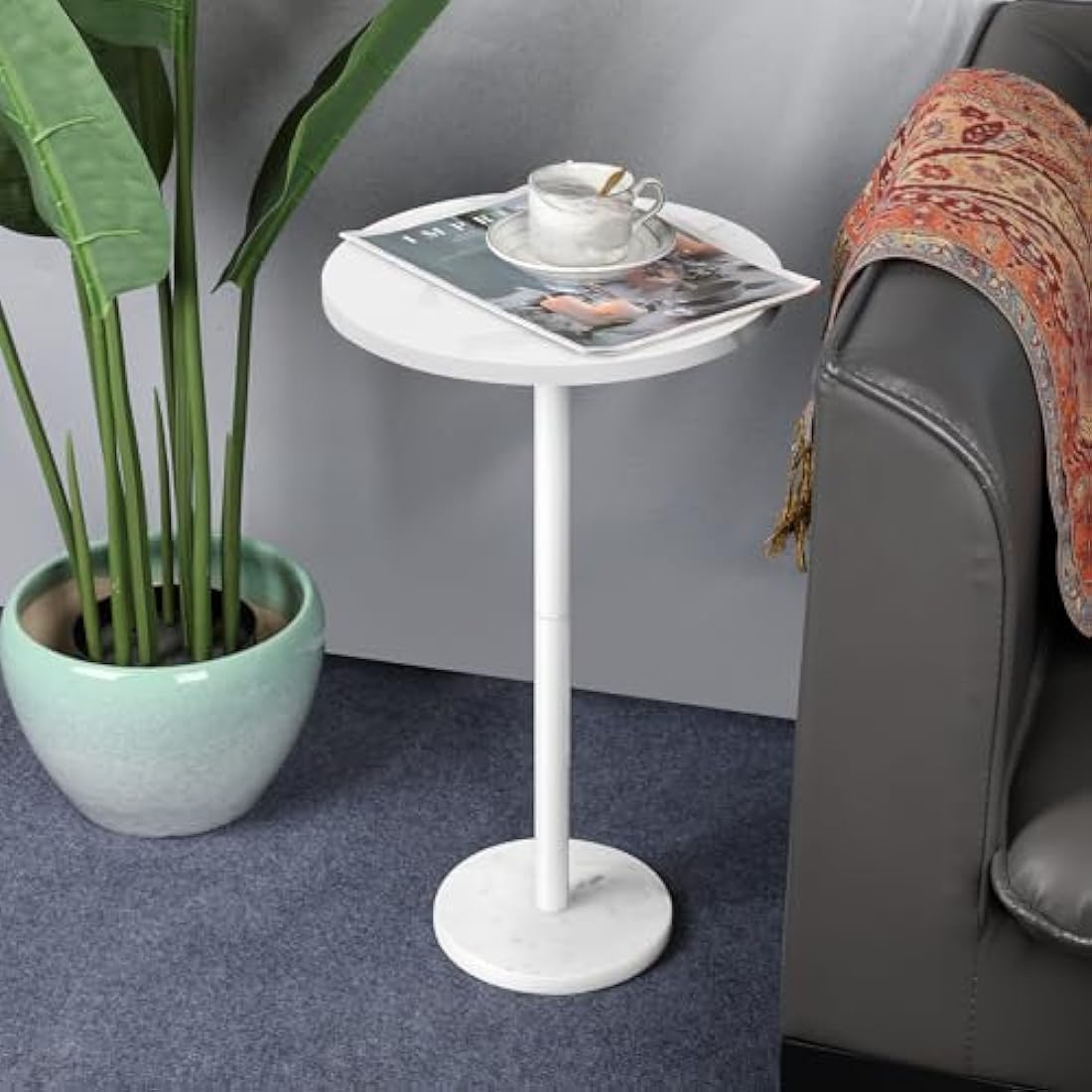 Smusei Round Side Table – Black Coffee Table with Marble Base, 32cm