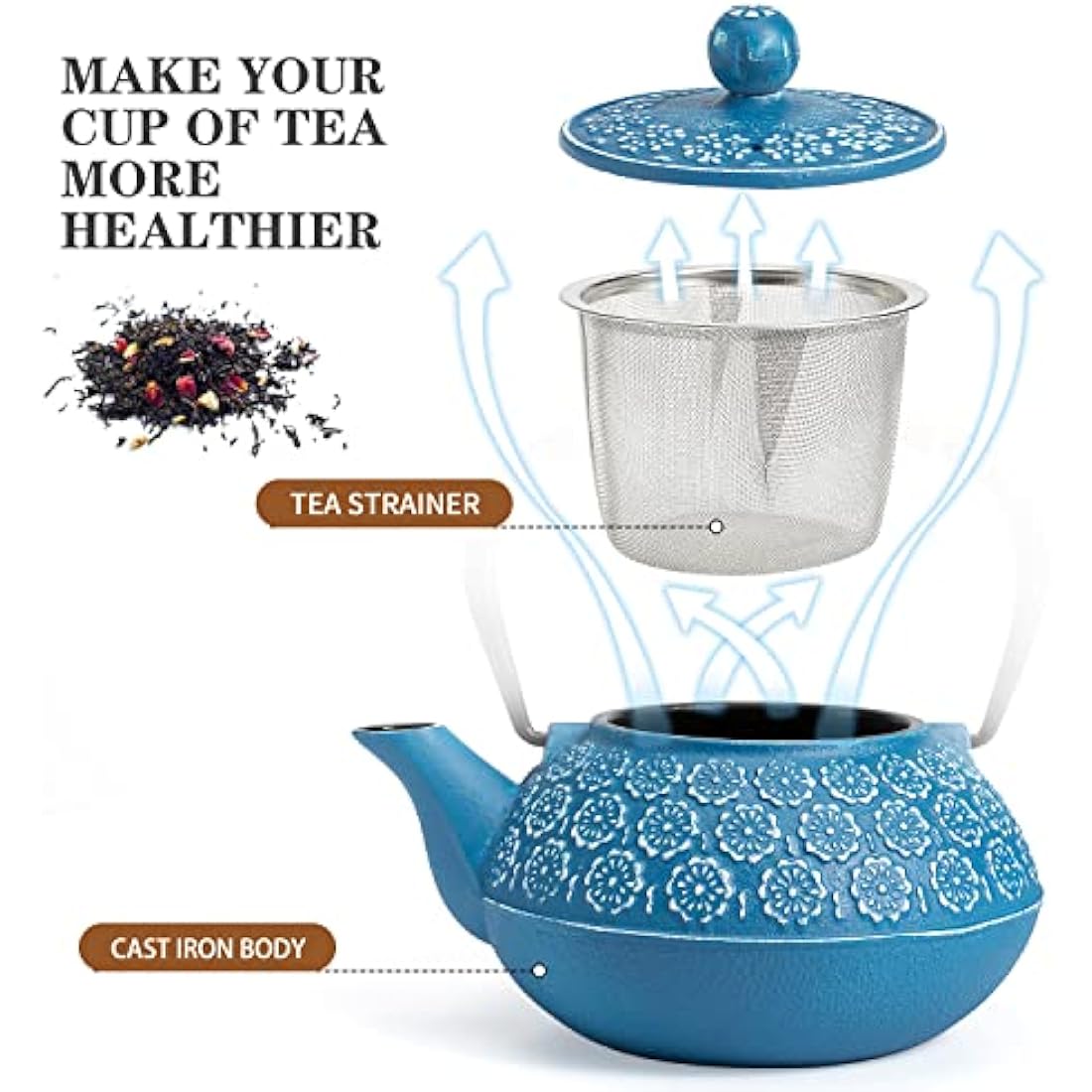 SUSTEAS Cast Iron Teapot – 900ml Japanese Tetsubin with Infuser, Dark Blue
