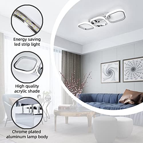 EIDISUNY Modern LED Ceiling Light | 3-Square Flush Mount Chrome Lamp – 33W