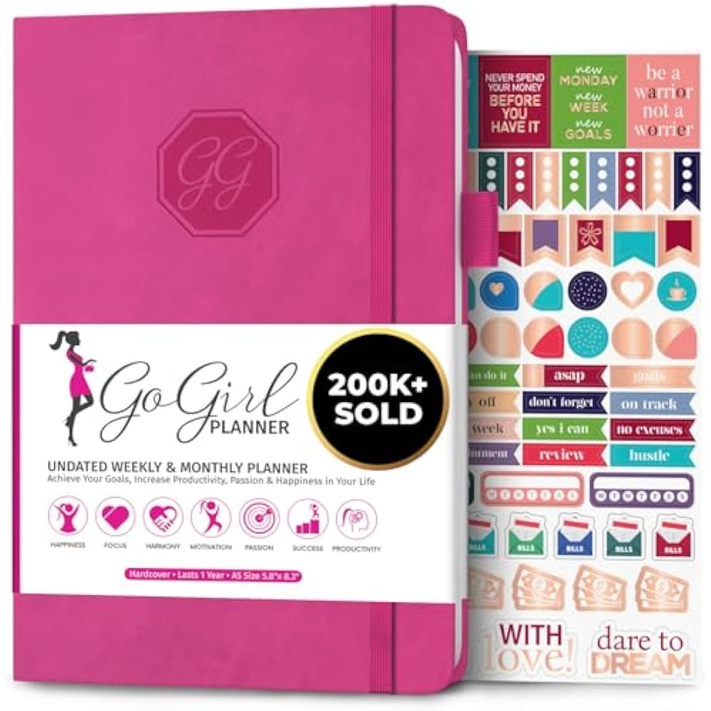 GoGirl Undated Weekly Planner – A5 Eco-Leather Goal Journal, Hot Pink
