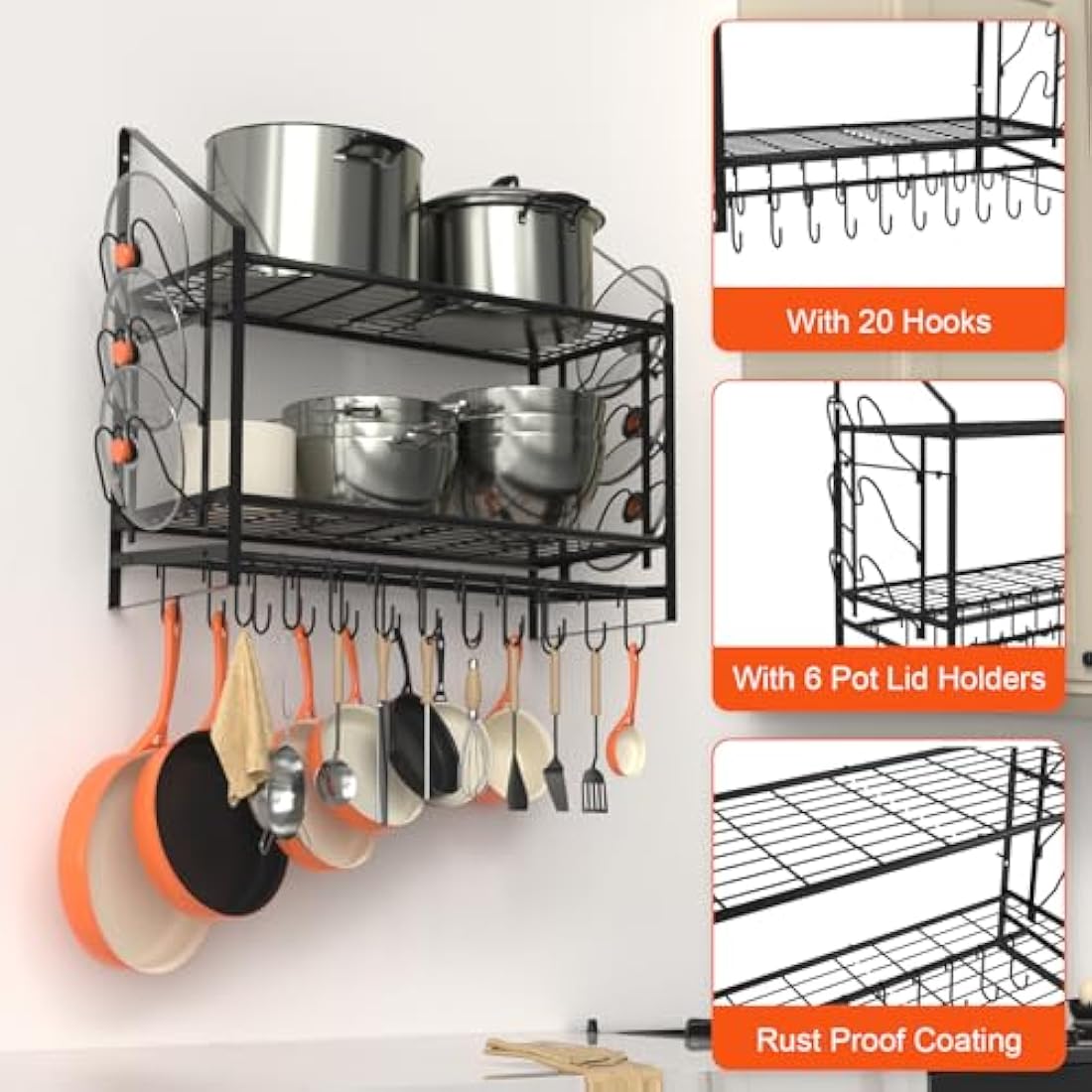 VyGrow 2-Tier Wall Mounted Pot Rack | Heavy Duty Steel Pan Organizer