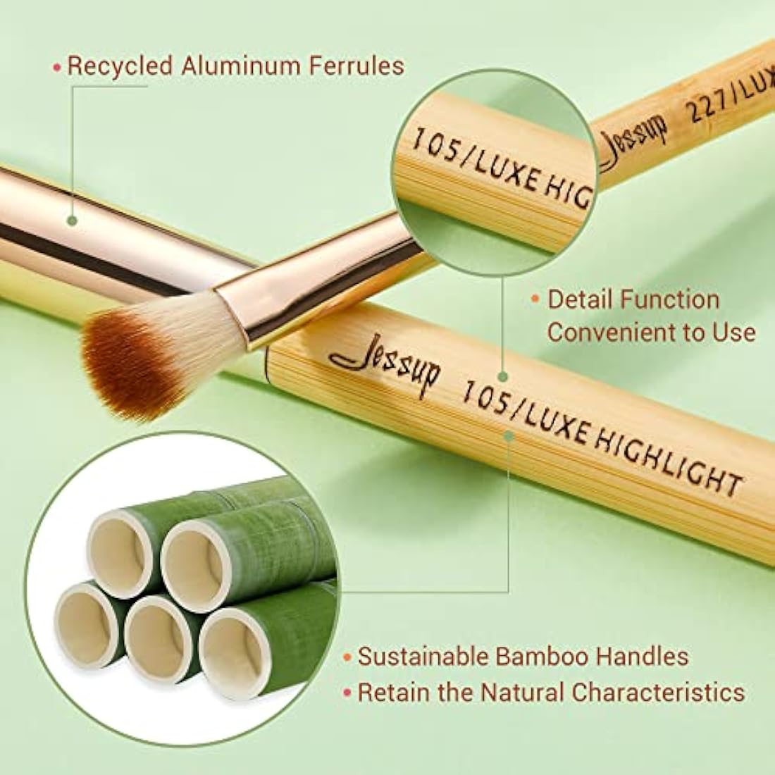 Jessup 20pcs Professional Bamboo Makeup Brushes Set | Vegan & Cruelty-Free