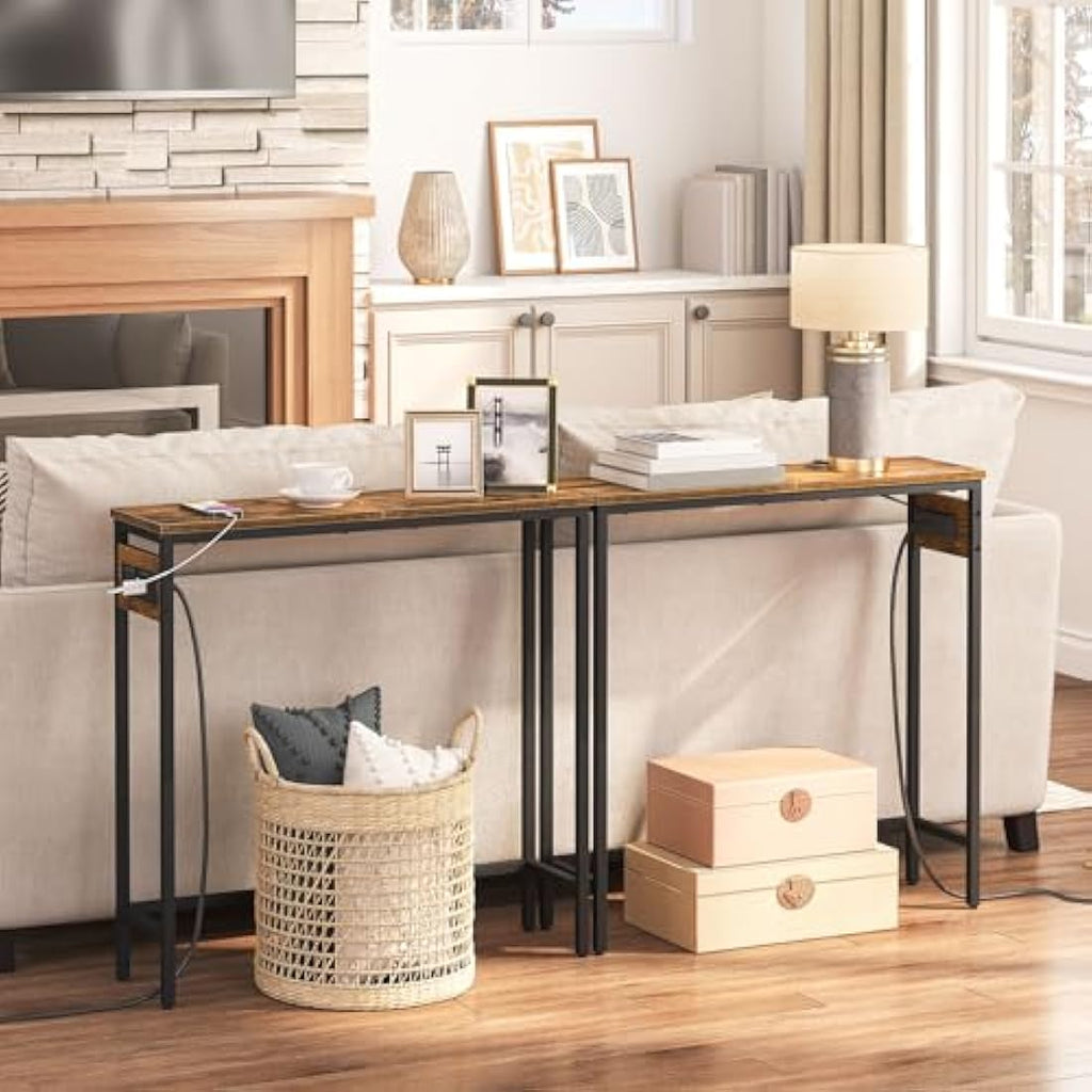 HOOBRO Slim Console Table with Charging Station | Narrow Industrial Sofa Table